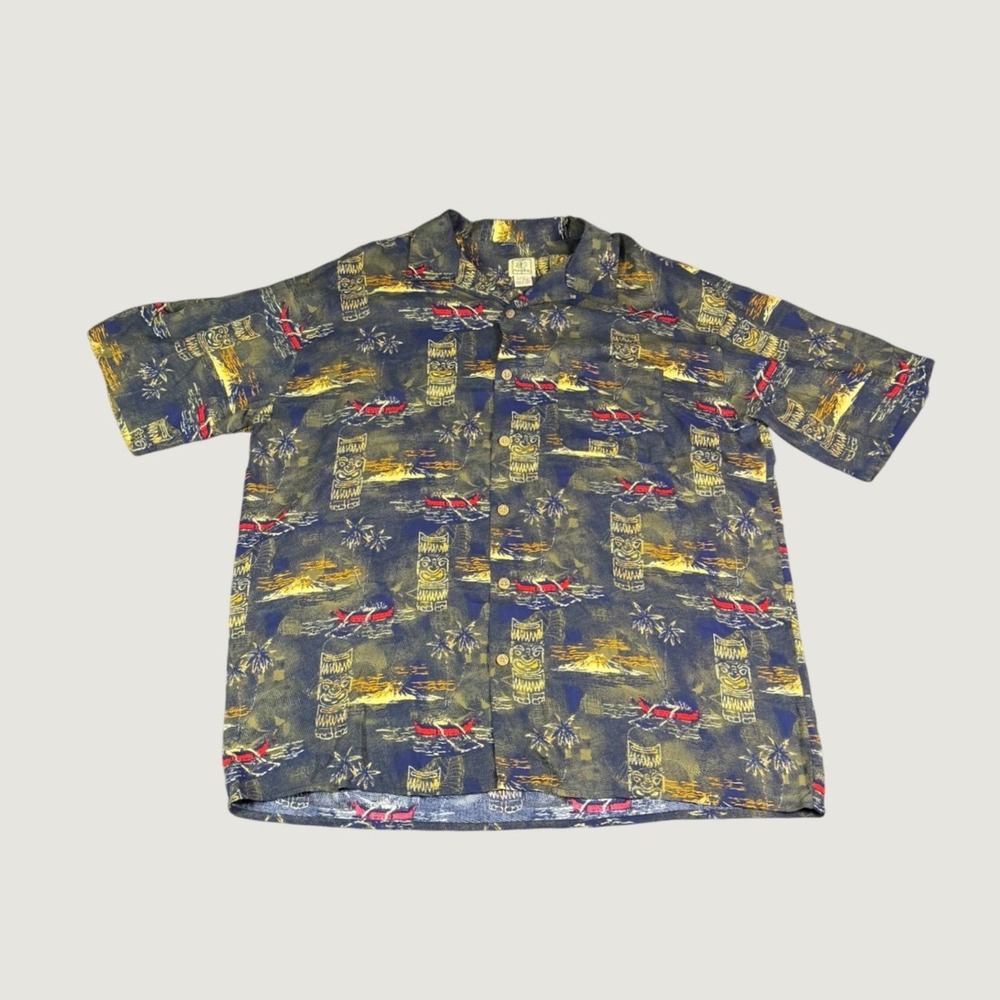 Morro Bay Mens Large Tiki Island Tropical Rayon Button Up Shirt Green Blue